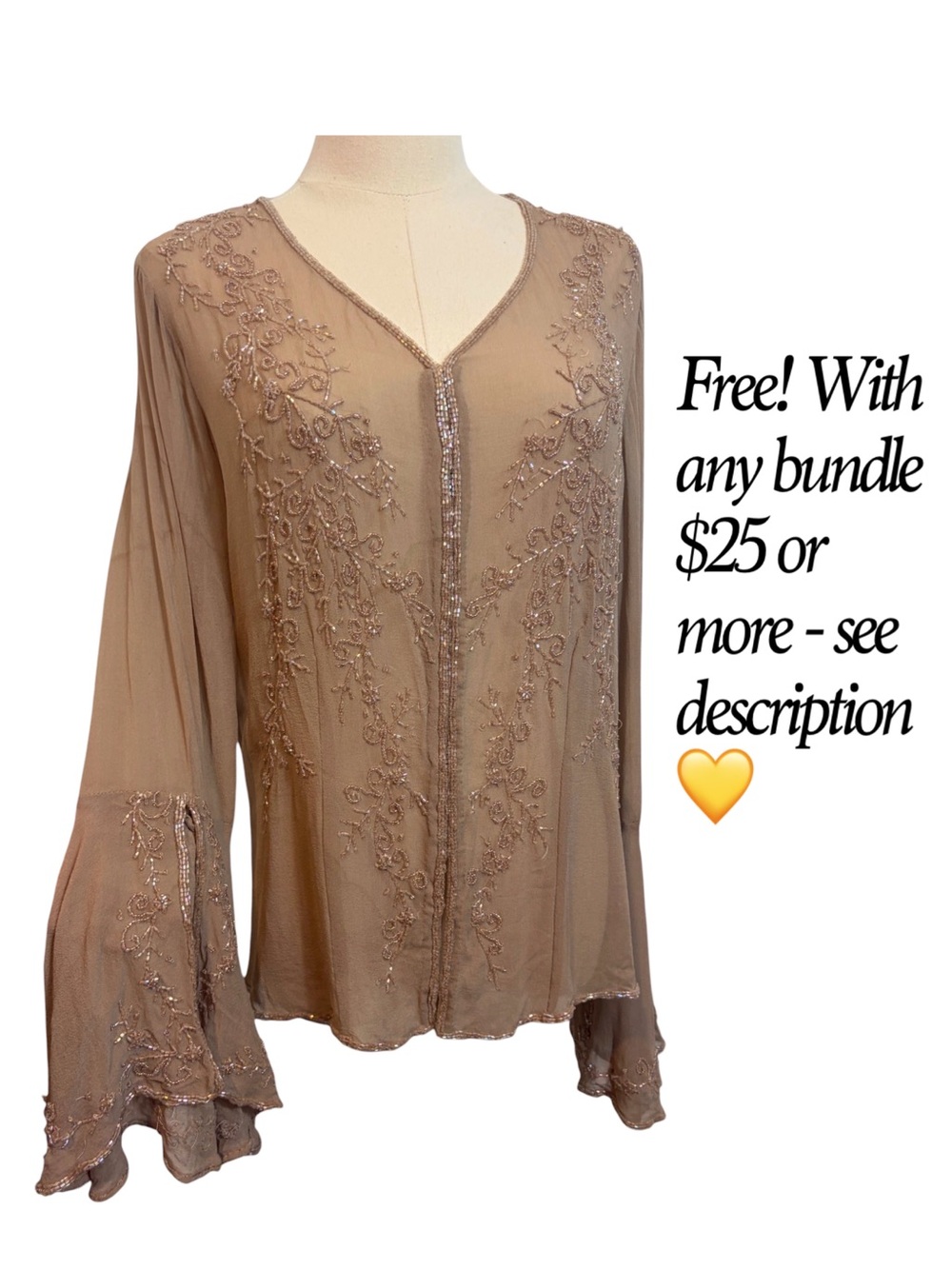 Vintage Newport News Silk Beaded Fairy Y2K Bell Sleeve Sheer Blouse FLAWED FREE